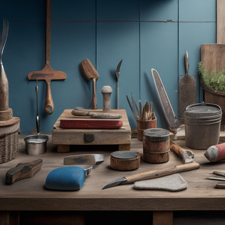 A clutter-free workshop backdrop with a variety of lightweight plastering tools, including a hawk, trowel, joint knife, and putty knife, arranged artfully on a wooden workbench with a subtle gradient effect.