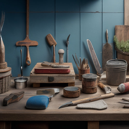 A clutter-free workshop backdrop with a variety of lightweight plastering tools, including a hawk, trowel, joint knife, and putty knife, arranged artfully on a wooden workbench with a subtle gradient effect.
