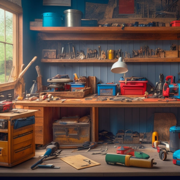 A cluttered workshop with a variety of tools scattered around, including a cordless drill, level, and tape measure, with a partially built bookshelf and a toolbox in the background.