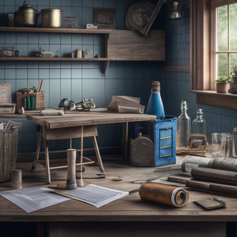 An illustration of a partially renovated home with a calendar and piggy bank on a cluttered workbench, surrounded by blueprint rolls, hammers, and scattered construction materials.