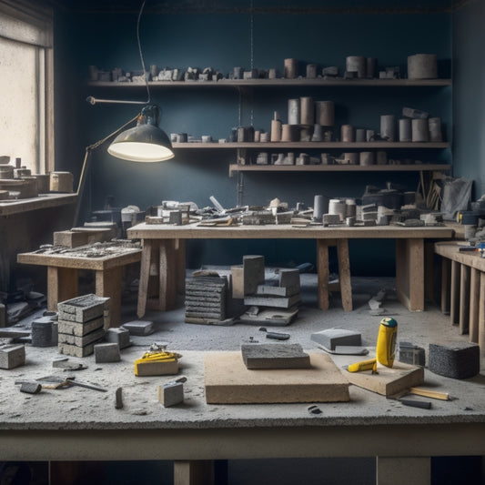 A cluttered workshop table with various cinder block jointers, including manual and power tools, surrounded by scattered cinder blocks, mortar, and renovation debris, with a subtle background of a partially renovated room.