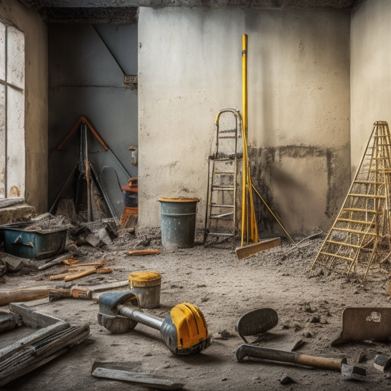 A cluttered construction site with a partially demolished block wall, surrounded by scattered tools and equipment, including a jackhammer, trowels, level, and mixing bucket, with a faint outline of a renovated wall in the background.