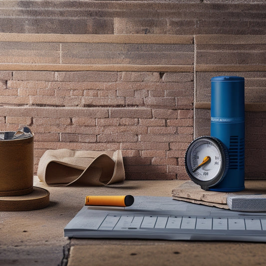 An image of a measuring tape stretched across a brick wall, with a level and a calculator on a nearby workbench, surrounded by scattered blueprints and architectural drawings.