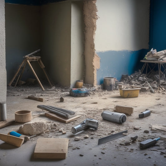A messy, partially demolished block wall with scattered tools, including a circular saw, level, and drill, amidst scattered blocks, mortar, and dust, with a faint outline of a renovated room in the background.