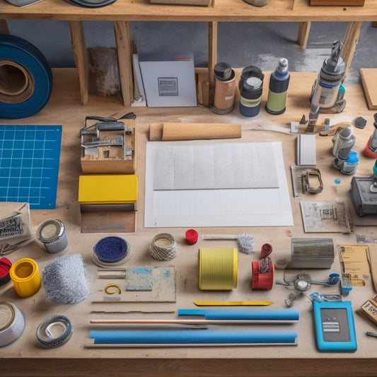An organized workspace with various DIY tools, a half-finished renovation project in the background, and a collection of adhesion materials (tapes, glues, epoxies) with price tags and measuring scales scattered around.