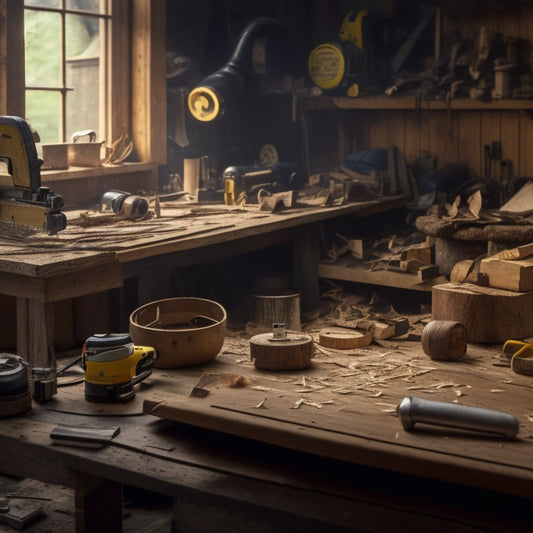 A cluttered workbench with a circular saw, drill press, level, and tape measure scattered on its surface, surrounded by scattered wood shavings and a half-finished wooden beam in the background.