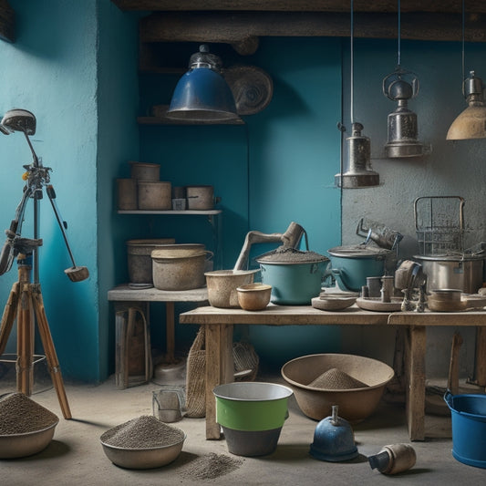 A cluttered workshop backdrop with a variety of mortar mixers in the foreground, including a electric mixer, a handheld mixer, and a traditional mixing bucket with a trowel.