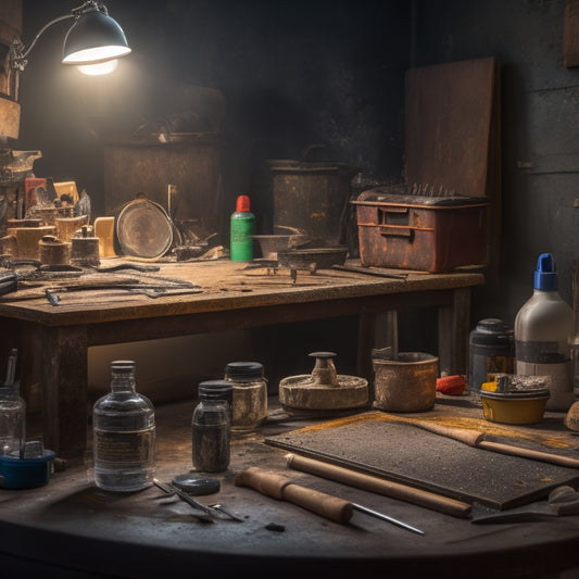A cluttered workbench with a cracked wall in the background, surrounded by various tools, including a putty knife, scraper, and epoxy resin, with a spotlight shining on a sleek, organized crack repair kit.