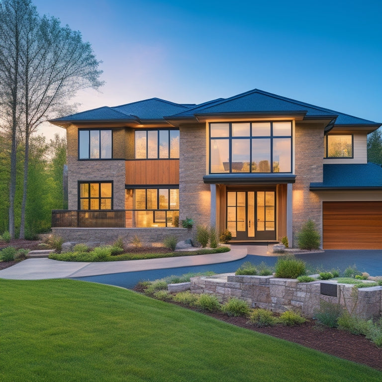 A modern, two-story house with a mix of materials: natural stone, stucco, and wooden siding, showcasing different exterior wall solutions, with a subtle, warm lighting and lush greenery surrounding the property.
