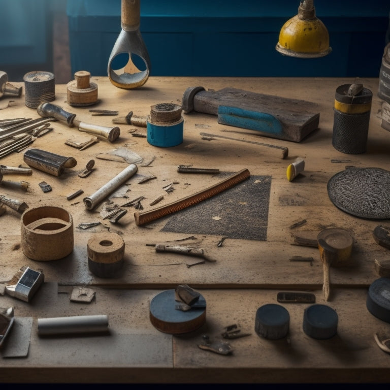 A cluttered workshop table with various hammers of different sizes and materials, with a few scattered nails and a measuring tape, surrounded by a faint blueprints background.