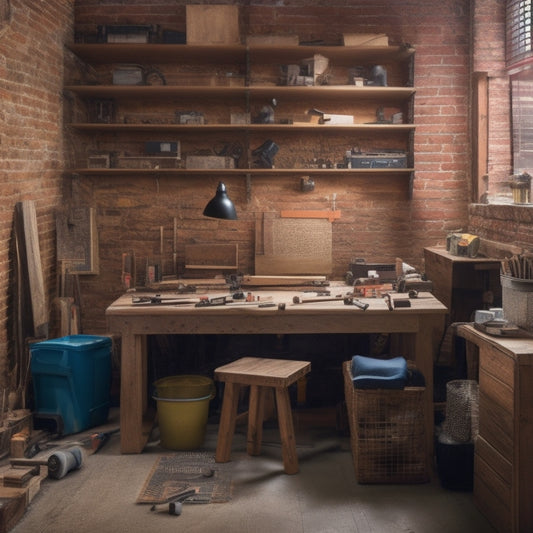 A cluttered but organized DIY workspace with a wooden workbench, various power tools, measuring tapes, hammers, screwdrivers, and a partially renovated room with exposed brick and pipes in the background.
