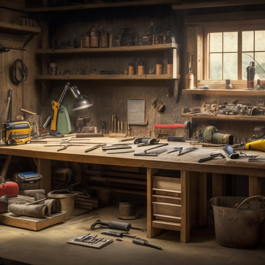An organized workshop with a wooden workbench, scattered with various tools like a cordless drill, level, and wrench, surrounded by renovation materials like drywall, pipes, and lumber.