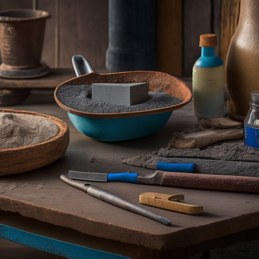 A close-up of a mason's trowel and various crack repair materials, including epoxy resin, polyurethane foam, and hydraulic cement, arranged artfully on a worn, wooden workbench.