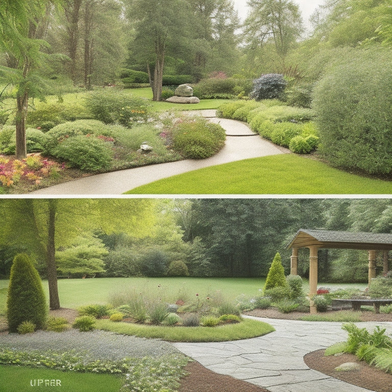 A serene backyard landscape with a before-and-after split-screen design, showcasing a cluttered, overgrown garden on the left and a beautifully renovated, lush green space with a meandering stone path on the right.