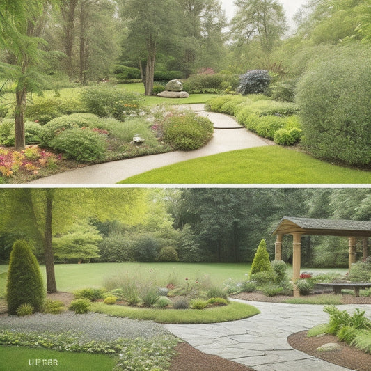A serene backyard landscape with a before-and-after split-screen design, showcasing a cluttered, overgrown garden on the left and a beautifully renovated, lush green space with a meandering stone path on the right.
