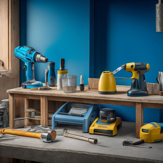A cluttered home renovation workspace with a drill, hammer, and scattered tools in the background, featuring a central focus on three mixing tool rentals: a handheld mixer, a stand mixer, and a concrete mixer.