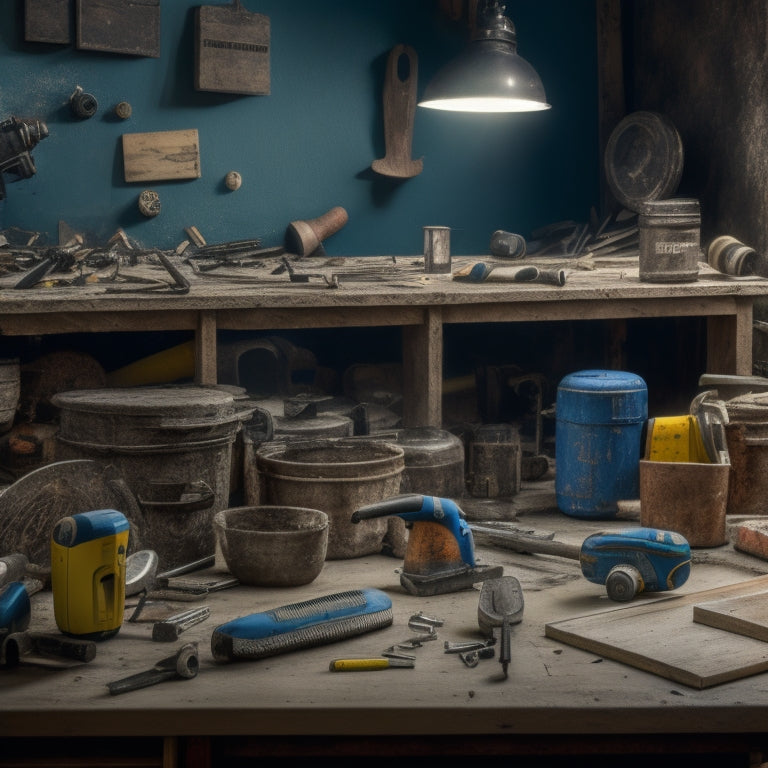 A cluttered workspace with a small, partially demolished wall in the background, surrounded by various renovation tools like a circular saw, drill, hammer, level, and a toolbox filled with screws and nails.