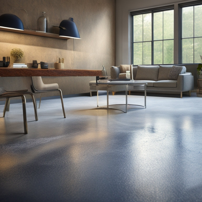 A dimly lit, worn-out concrete floor with cracks and stains, transformed into a polished, high-gloss finish with a subtle aggregate pattern, surrounded by renovated modern furniture and decor.