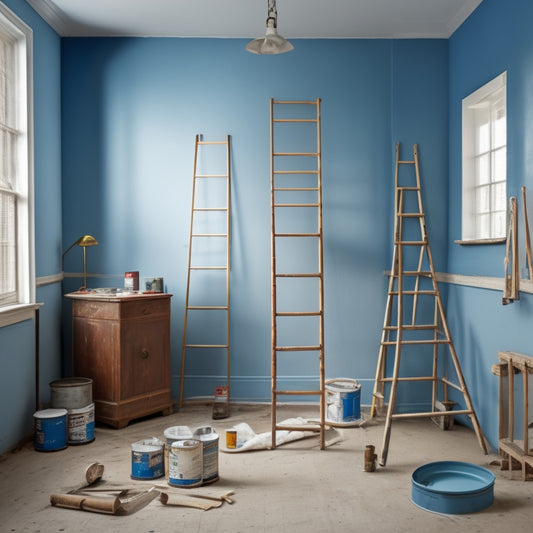 A partially renovated room with a painter's ladder, paint cans, and rollers on a drop cloth, with one wall painted a new color and the others still bearing old paint and wallpaper.