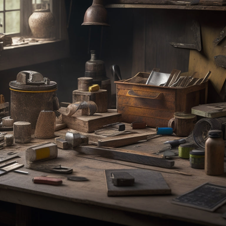 A cluttered workbench with a variety of handmade measuring tools, including a wooden straightedge, a metal angle finder, and a DIY laser level, surrounded by scattered woodworking scraps and renovation plans.