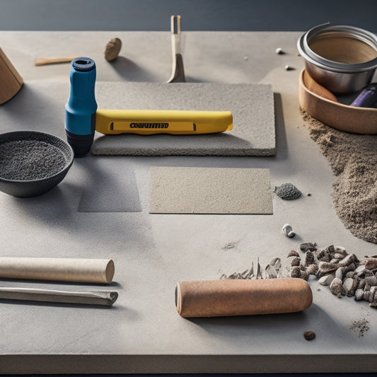 An image depicting a close-up of a concrete slab with a flawless finish, surrounded by various tools and materials, including a spirit level, trowel, and aggregate samples, with a subtle background of a renovated home.
