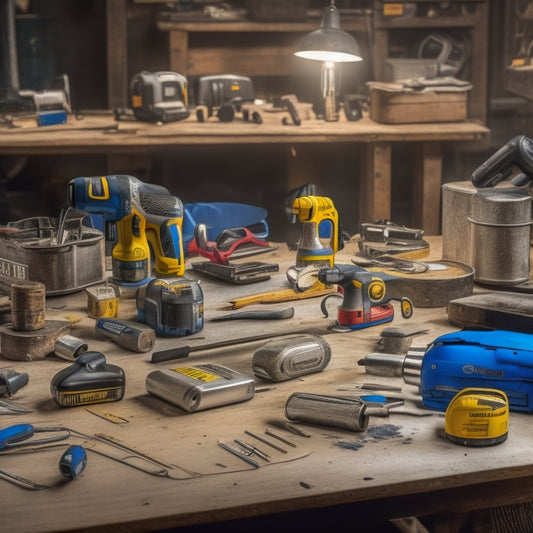 A cluttered workshop table with various power tools, such as a cordless drill, impact driver, circular saw, and jigsaw, scattered alongside scattered renovation plans, pencils, and a measuring tape.