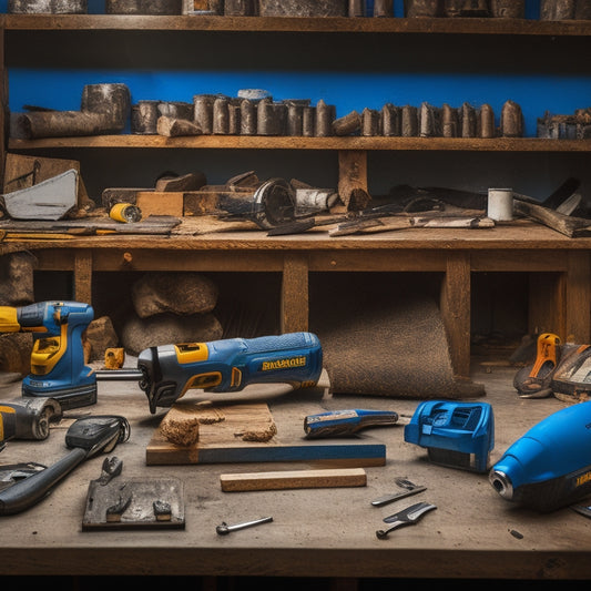 An organized workshop scene with various durable finishing tools, including a cordless drill, impact wrench, sandpaper, clamps, and a tape measure, laid out on a wooden workbench amidst renovation debris.