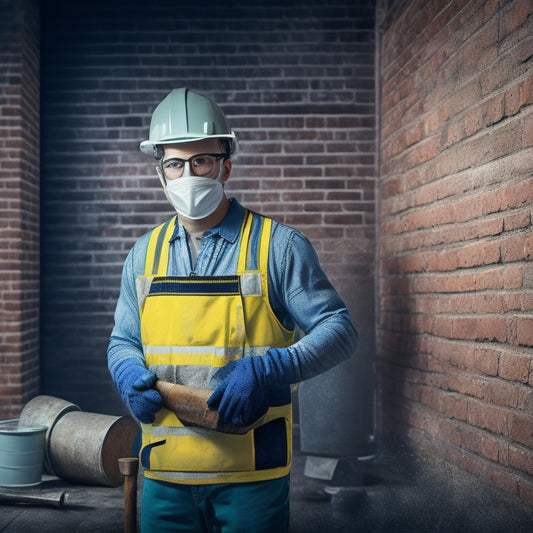An illustration of a person wearing a hard hat, safety glasses, and a dust mask, standing in front of a brick wall with a hammer and trowel, surrounded by caution tape and a bucket of mortar.