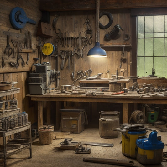 A cluttered workshop with a wooden workbench in the center, surrounded by essential tools like a circular saw, drill press, level, and wrenches, with a ladder and buckets of paint in the background.
