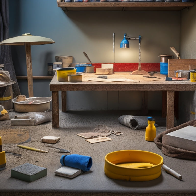 A cluttered workshop table with various screed tools scattered around, including a spirit level, trowel, edger, and screed board, surrounded by cement bags and renovation materials.