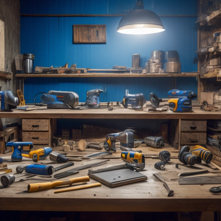 A cluttered workshop table with various power tools, including a cordless drill, circular saw, impact driver, and jigsaw, surrounded by renovation materials like wood planks, pipes, and drywall sheets.