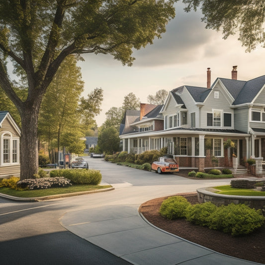 A serene, upscale suburban street with several homes, one of which has scaffolding and renovation equipment, with workers in the process of replacing old brick with modern, sleek materials.
