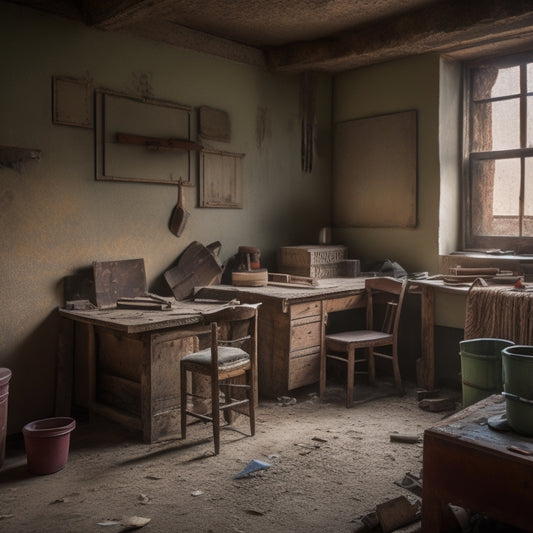 A dimly lit, old, and worn-out room with cracked and crumbling plaster walls, peeling paint, and exposed lath, surrounded by dusty old furniture and scattered renovation tools.
