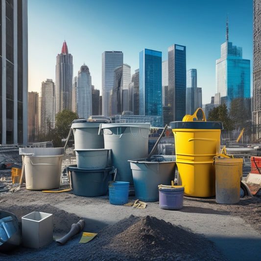 An illustration of various concrete buckets in different sizes (5-gallon, 10-gallon, 20-gallon) arranged on a cluttered construction site, surrounded by renovation tools and debris, with a cityscape in the background.