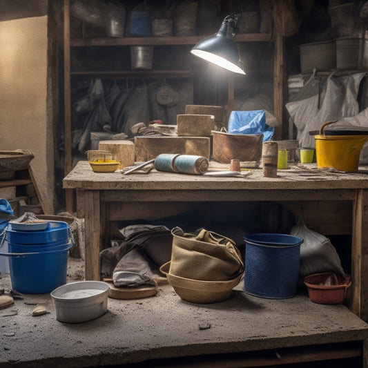 A cluttered workbench with a mixing bucket, trowel, level, and spirit level surrounded by scattered cement bags, construction gloves, and a bucket of water in the background.