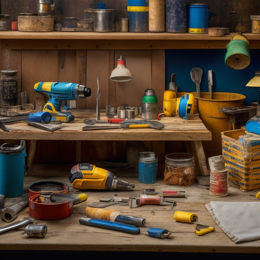 A cluttered but organized workshop table with various DIY tools, including a cordless drill, level, tape measure, wrench, and hammer, surrounded by renovation materials like wood planks and paint cans.