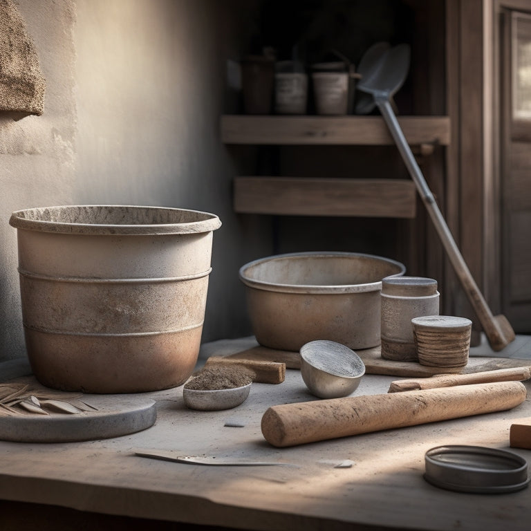 Generate an image of a weathered wooden table with a bucket of plaster, trowel, putty knife, hawk, level, and joint knife, against a blurred background of a house exterior undergoing renovation.