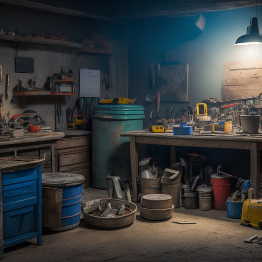 A cluttered, dimly lit garage workshop with a partially disassembled concrete block wall, surrounded by scattered tools, a bucket of mortar, and a DIY renovator's scattered plans and sketches in the background.