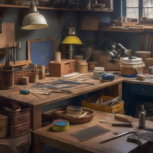 A cluttered but organized workspace with a wooden workbench, scattered power tools, a bucket of paint, and a measuring tape wrapped around a worn leather belt, surrounded by DIY renovation blueprints.