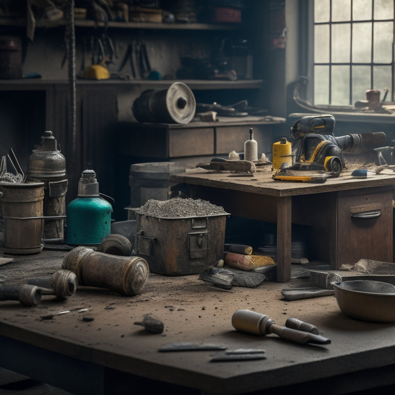 A cluttered workbench with various renovation tools scattered around, a subpar grinder in the center with sparks flying out, surrounded by dust and debris, with a faint outline of a perfect grinder in the background.