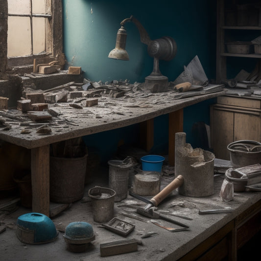 A cluttered workbench with various plaster inspection tools scattered across it, including a hammer, trowel, level, and putty knife, with a partially demolished plaster wall in the background.