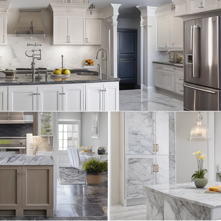 A split-screen image: a luxurious, high-end kitchen with marble countertops and stainless steel appliances on one side, and a modest, budget-friendly kitchen with laminate countertops and basic appliances on the other.