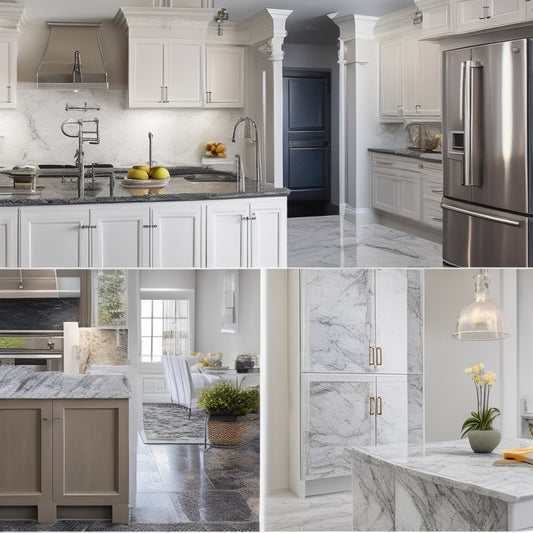 A split-screen image: a luxurious, high-end kitchen with marble countertops and stainless steel appliances on one side, and a modest, budget-friendly kitchen with laminate countertops and basic appliances on the other.