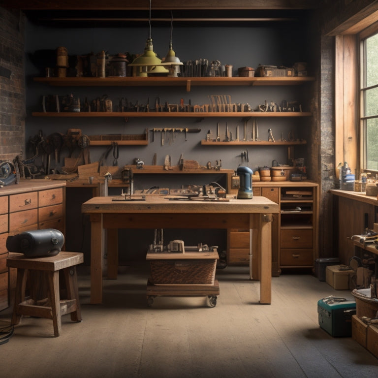 A clean, well-organized workshop with a wooden workbench in the center, surrounded by 10 labeled tool stations, each featuring a distinct tool, such as a power drill, tape measure, or level.