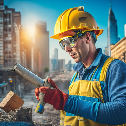 A high-contrast image of a person in a hard hat and safety goggles, holding a rotary hammer, with a partially demolished wall and renovation tools in the background, set against a blurred cityscape.