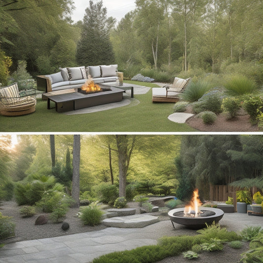 A serene backyard with a before-and-after split-screen design: a cluttered, overgrown area with a worn patio on the left, and a revamped space with a sleek fire pit, lush greenery, and modern outdoor furniture on the right.