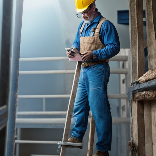 A person wearing a hard hat and safety glasses, standing on the third rung of a ladder, securely positioned on a level surface, with a toolbox and renovation materials nearby.