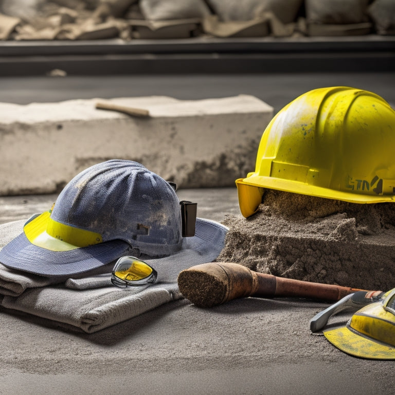 A worn work glove holding a worn trowel, surrounded by scattered concrete mix, safety goggles, and a hard hat, on a background of a partially renovated concrete floor with warning signs.