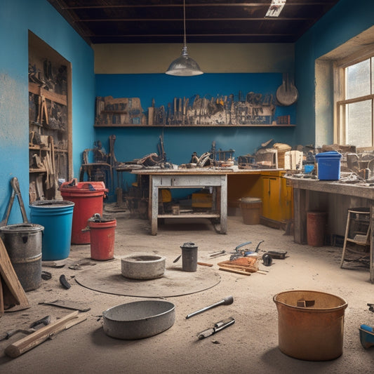 A cluttered workshop with a concrete floor in the background, featuring a variety of tools and equipment, including a walk-behind scraper, a rotary hammer, a mixing bucket, and a level, surrounded by scattered dust and debris.