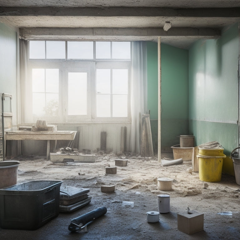 A messy construction site with scattered tools, torn wallpaper, and half-installed fixtures, contrasted with a serene, perfectly designed, and fully renovated room in the background.